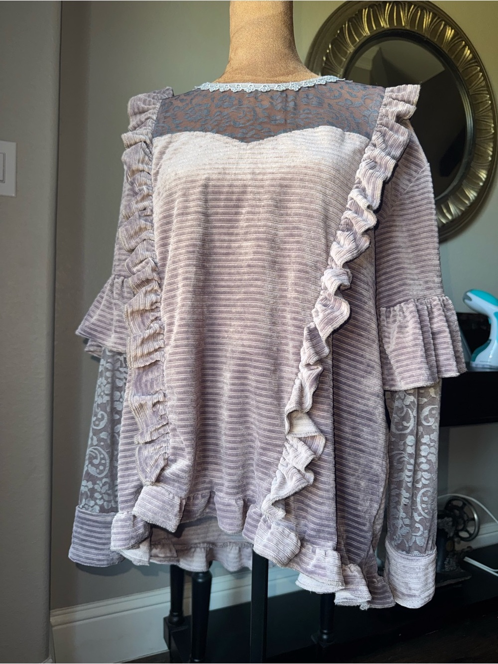 POL Dusty Purple Whimsigoth Velvet Sheer Sleeve Lace Ruffle Blouse S - Picture 2 of 14
